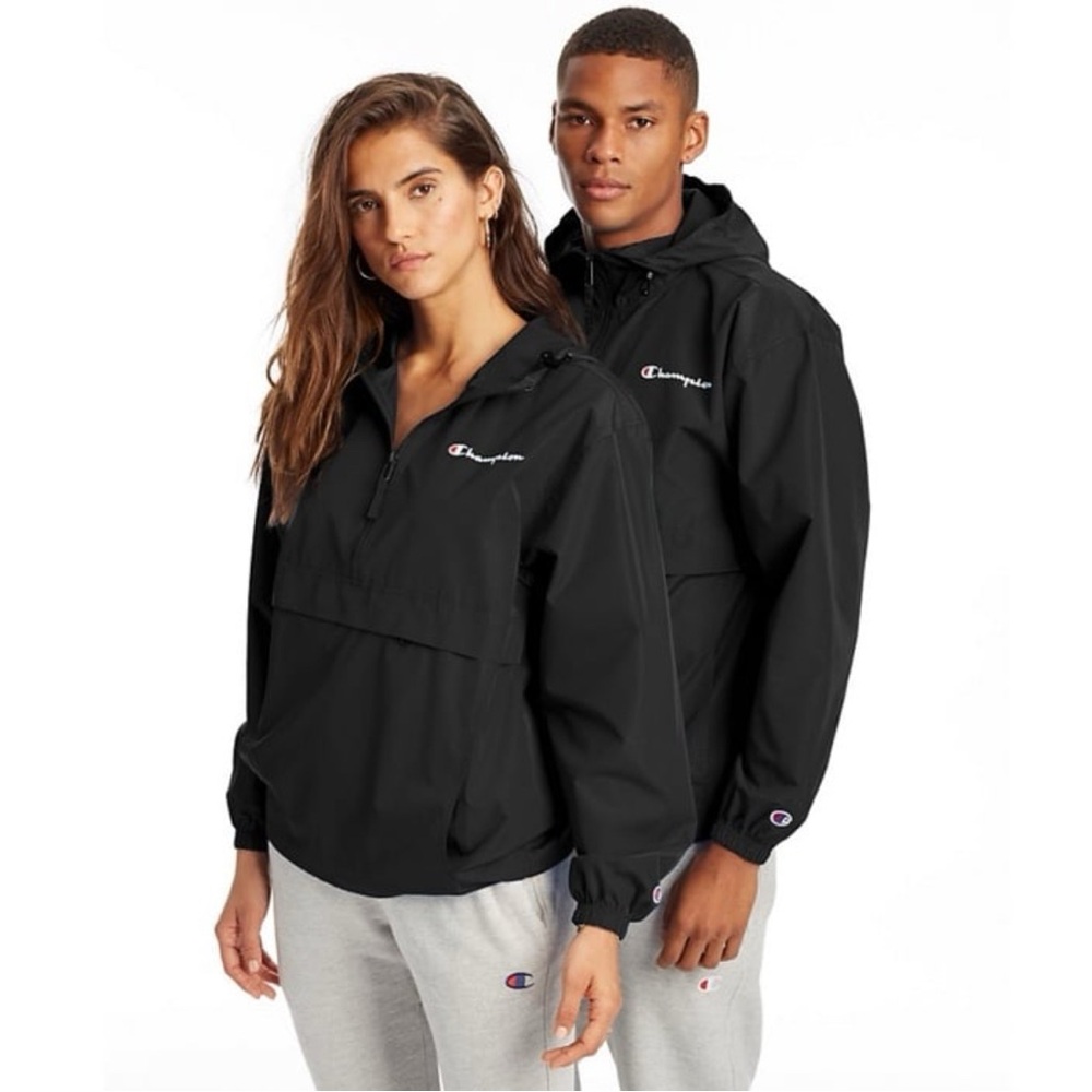 Champion Unisex Packable Black Hooded Windbreaker Rain Athletic Jacket Medium